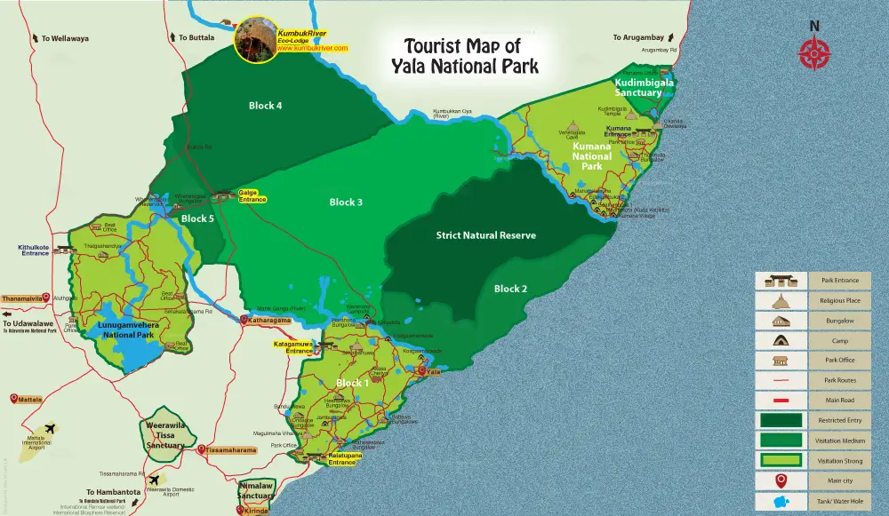 Tourist map of Yala National Park showing Block 1 to 5, Kumana National Park and entrances